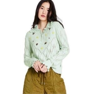 Sandy Liang Target Green Open Knit Peter Pan Collar Sweater Embroidered Size M